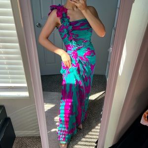 Tadashi Shoji greens and pink wedding guest dress